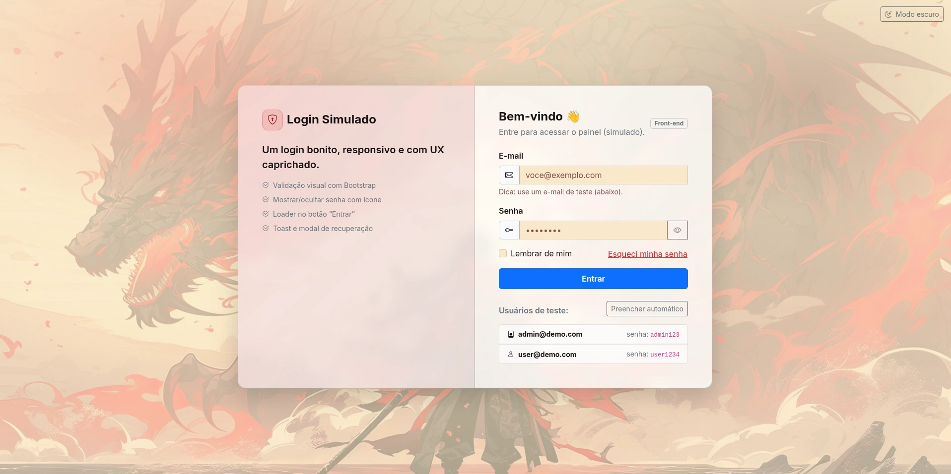 Prévia de Tela de Login